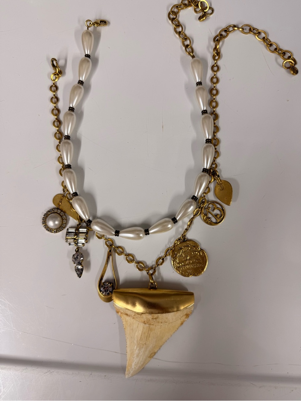Gold-Tone Pearl Charm Necklace with Statement Tooth Pendant